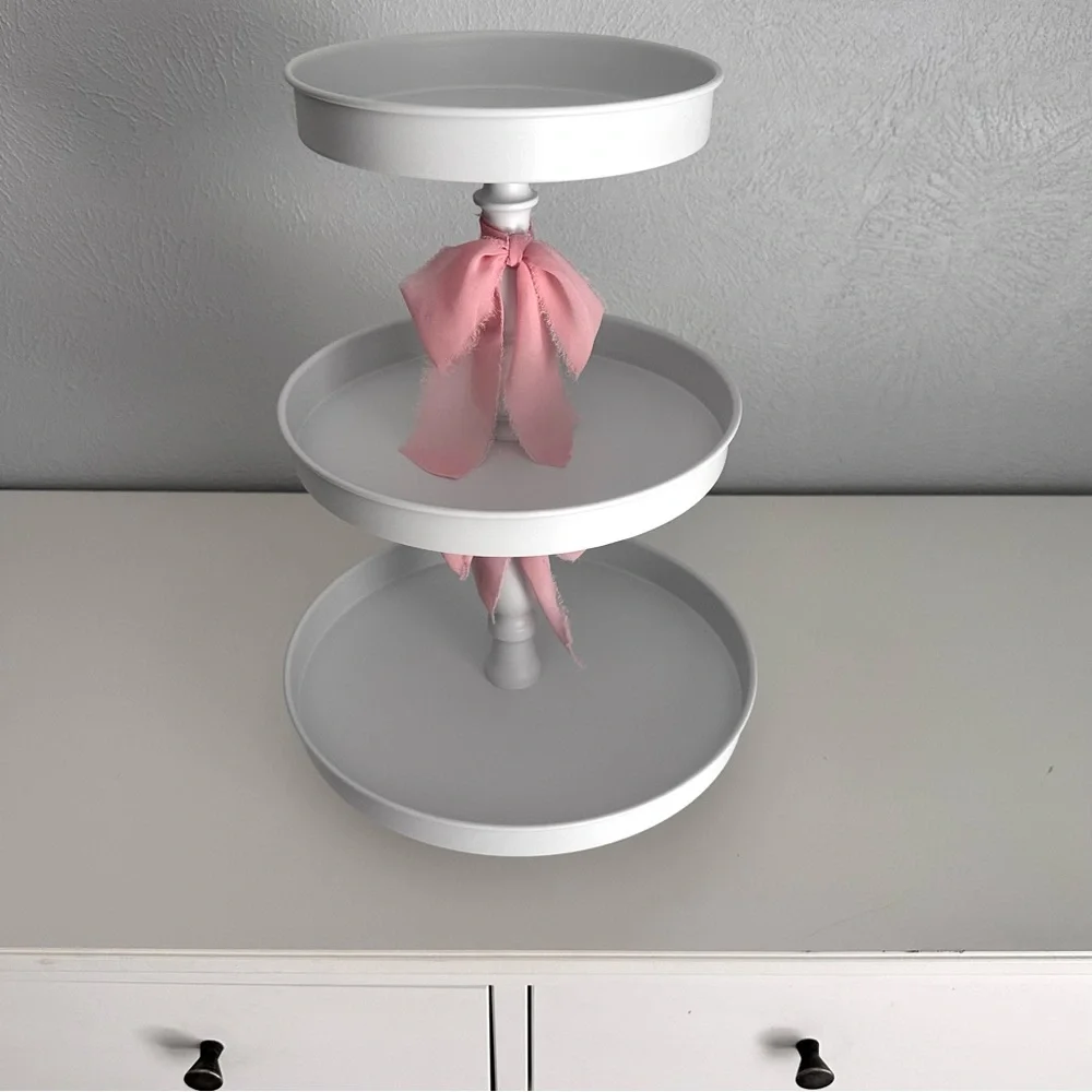 White Three-Tiered Stand with Pink Silk Bow Accents